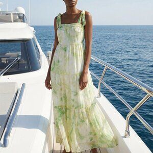 $158 REVOLVE LINE & DOT Palm chiffon tiered maxi dress lime cream M